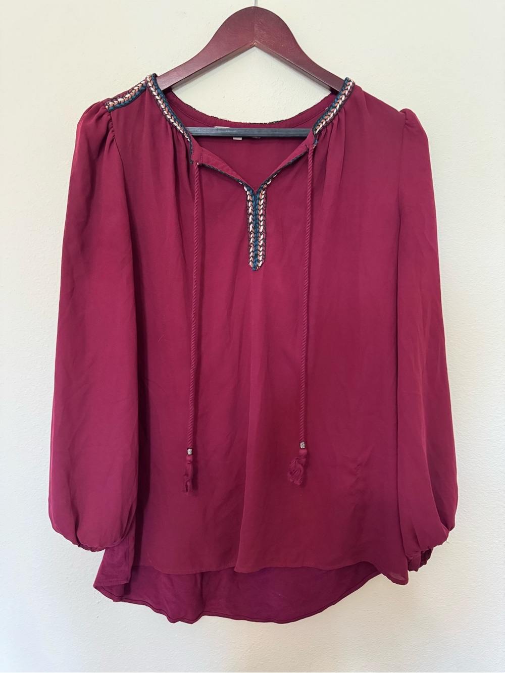 Cracker Barrel Burgundy Peasant Blouse with Braided Neck Trim